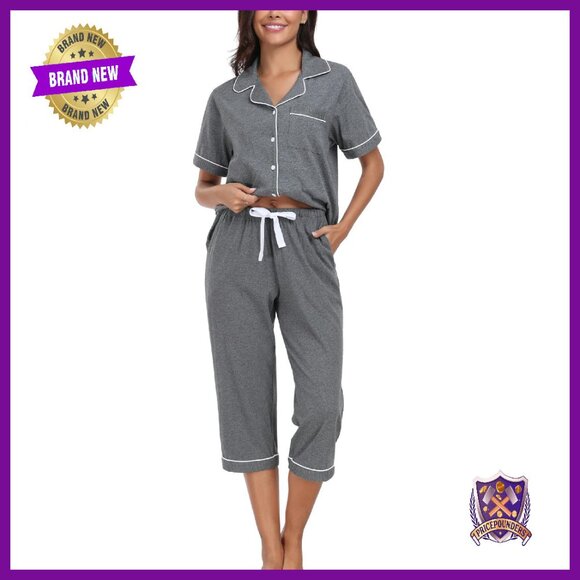 100% Cotton Pajama Set Short Sleeve Button Down Top Capri Pants